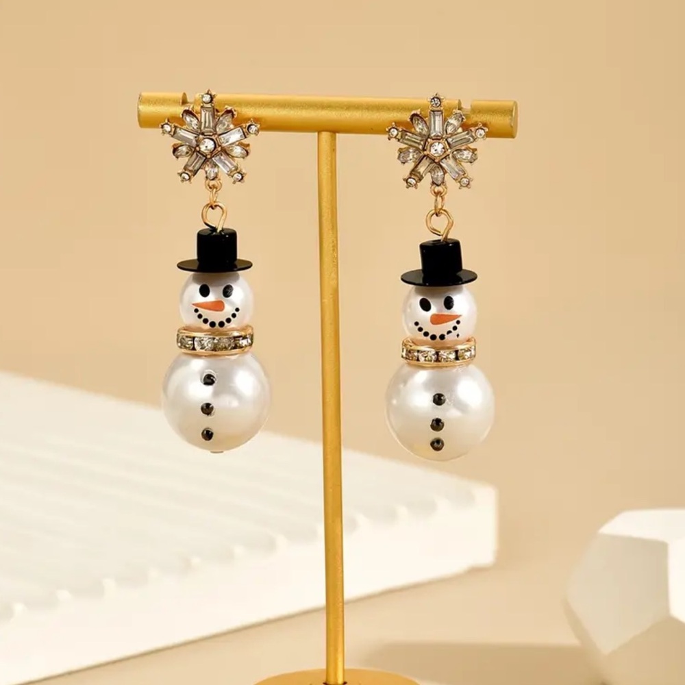 Snowflake Snowman Earrings w/ Sparkling Rhinestones & Lustrous Pearls - NEW